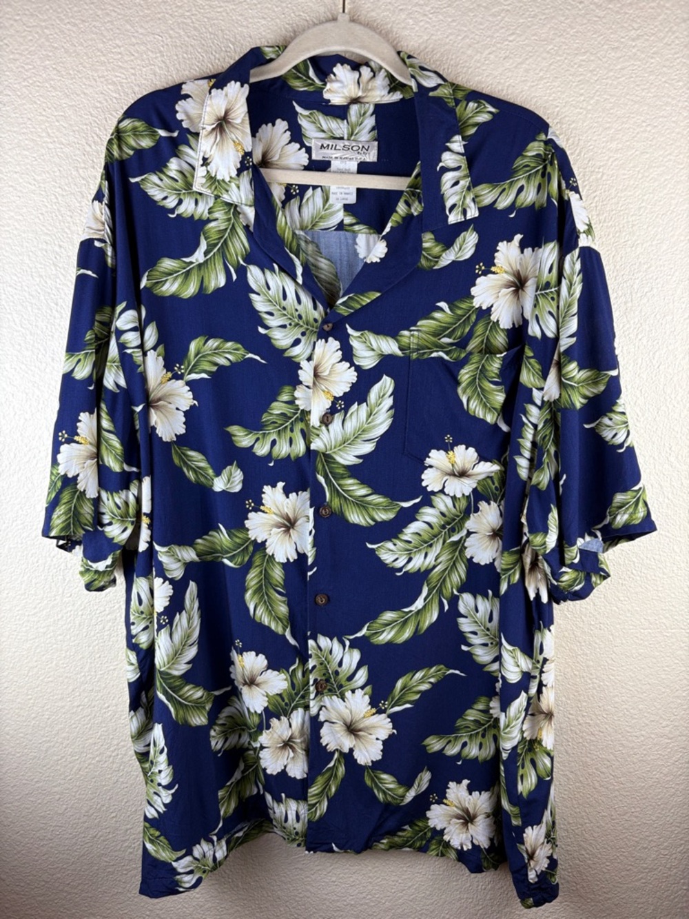 Milson By Ky's Made in Hawaii USA Navy Blue White Floral Camp Shirt Size 2X